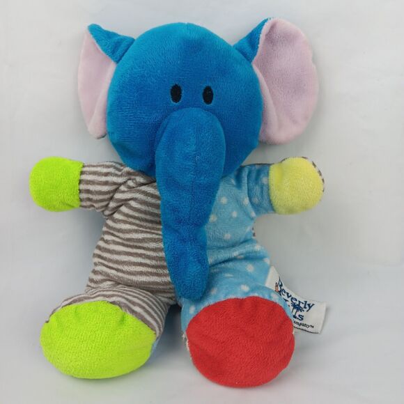 Beverly Hills Teddy Bear Co Blue Elephant Baby Rattle Stripes and Dots Plush Toy - Picture 1 of 9